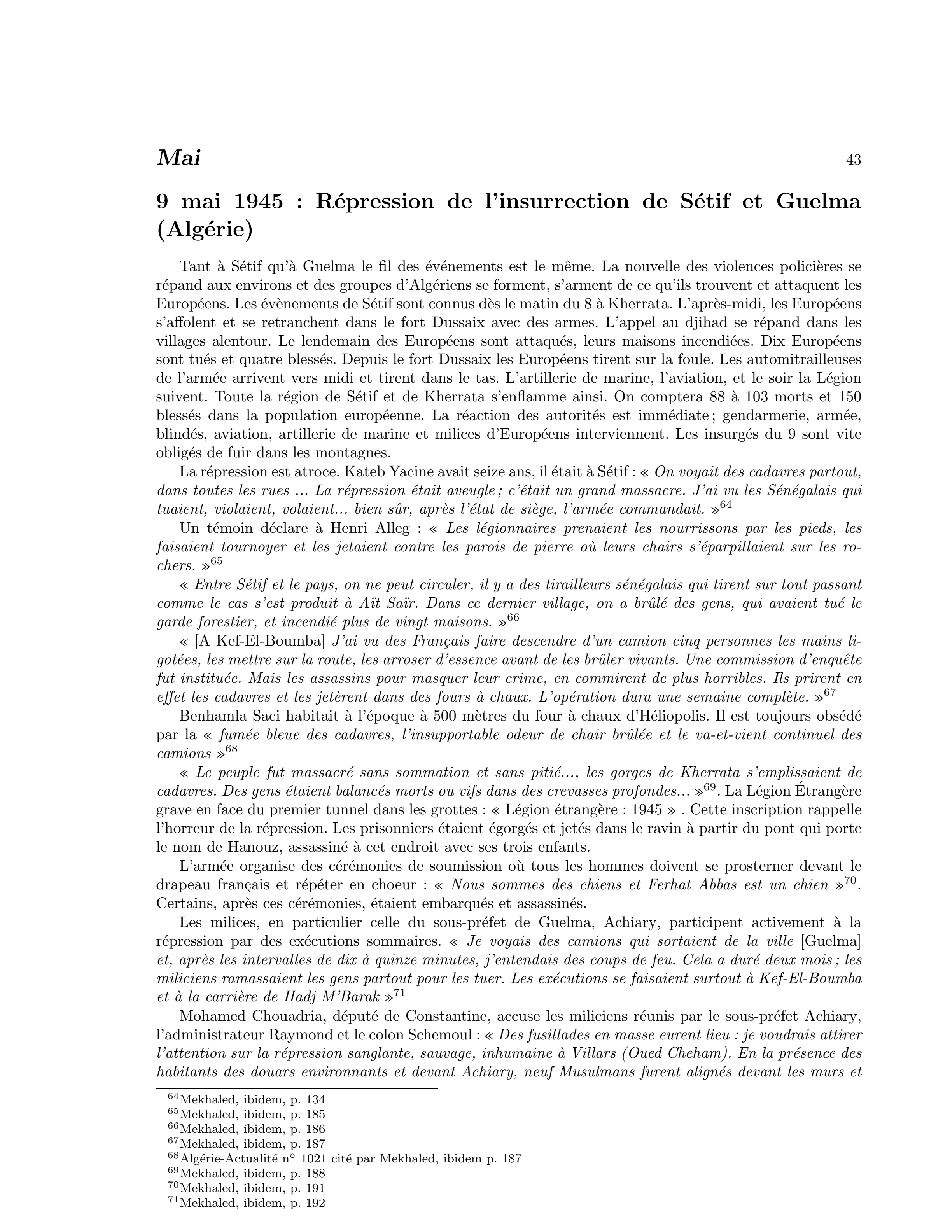 9 mai 1945 — Répression de l’insurrection de Sétif et Guelma (Algérie)
