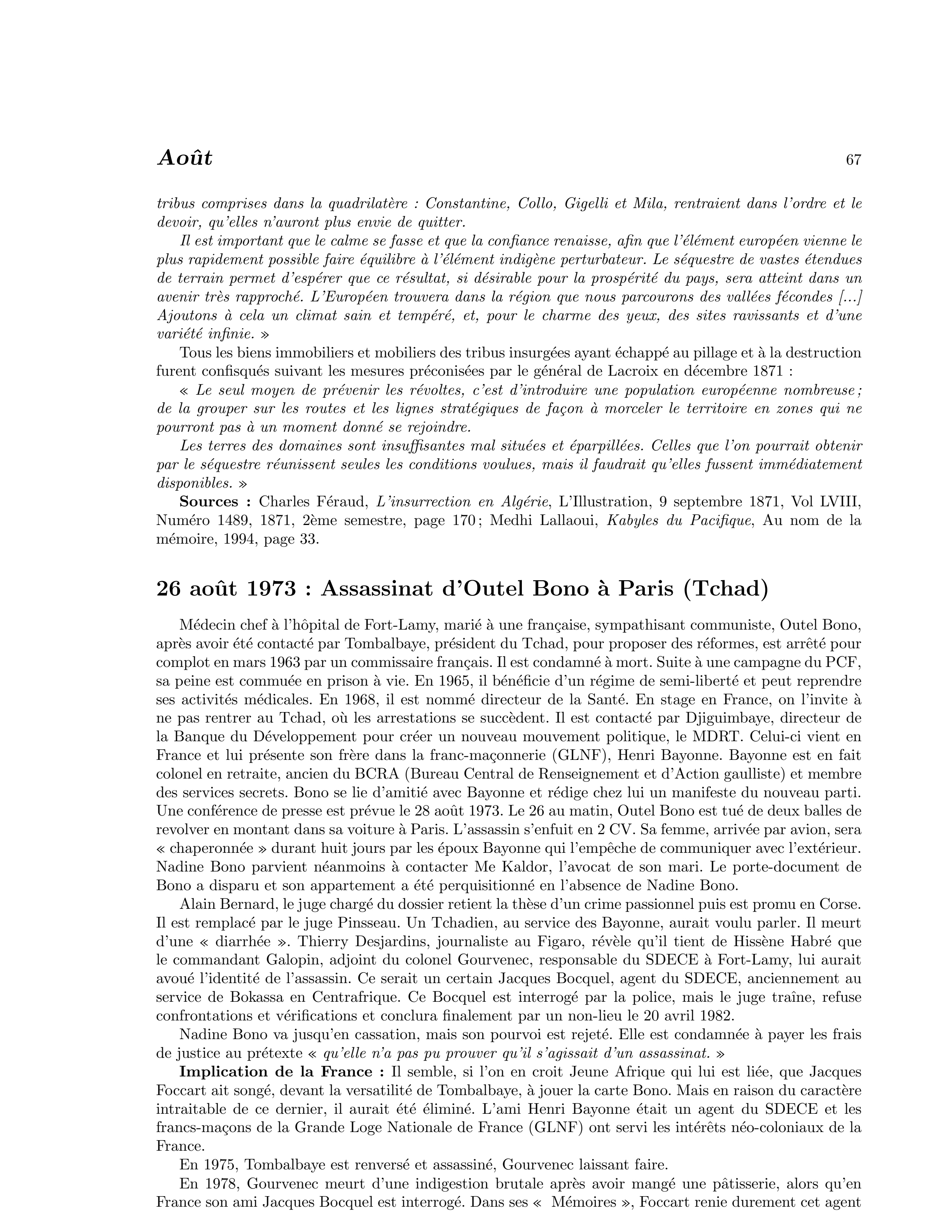 26 août 1973 — Assassinat d’Outel Bono à Paris (Tchad)