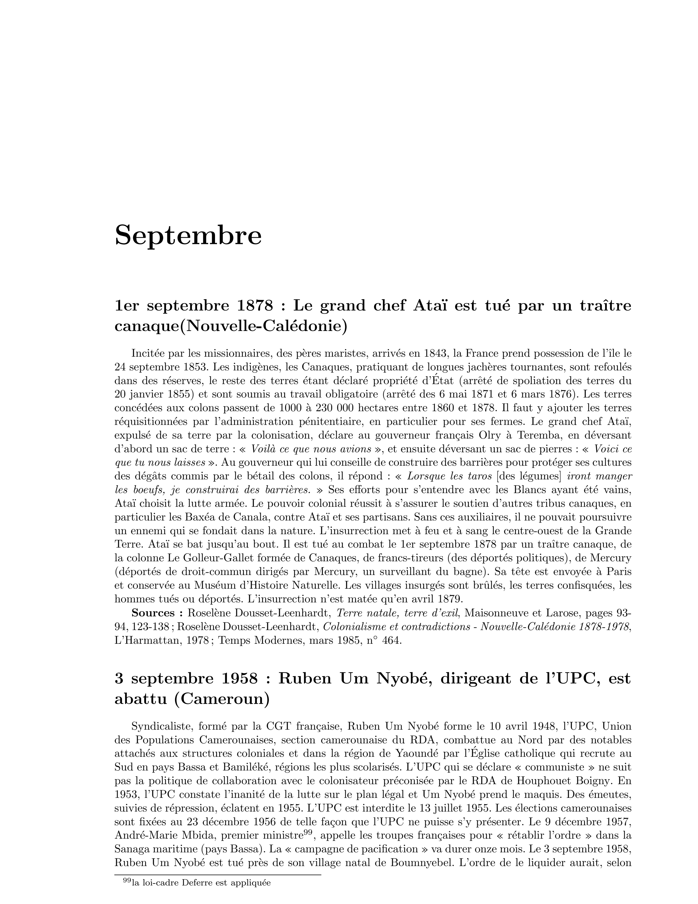 1er septembre 1878 — Le grand chef Ataï est tué par un traître kanak (Nouvelle-Calédonie)