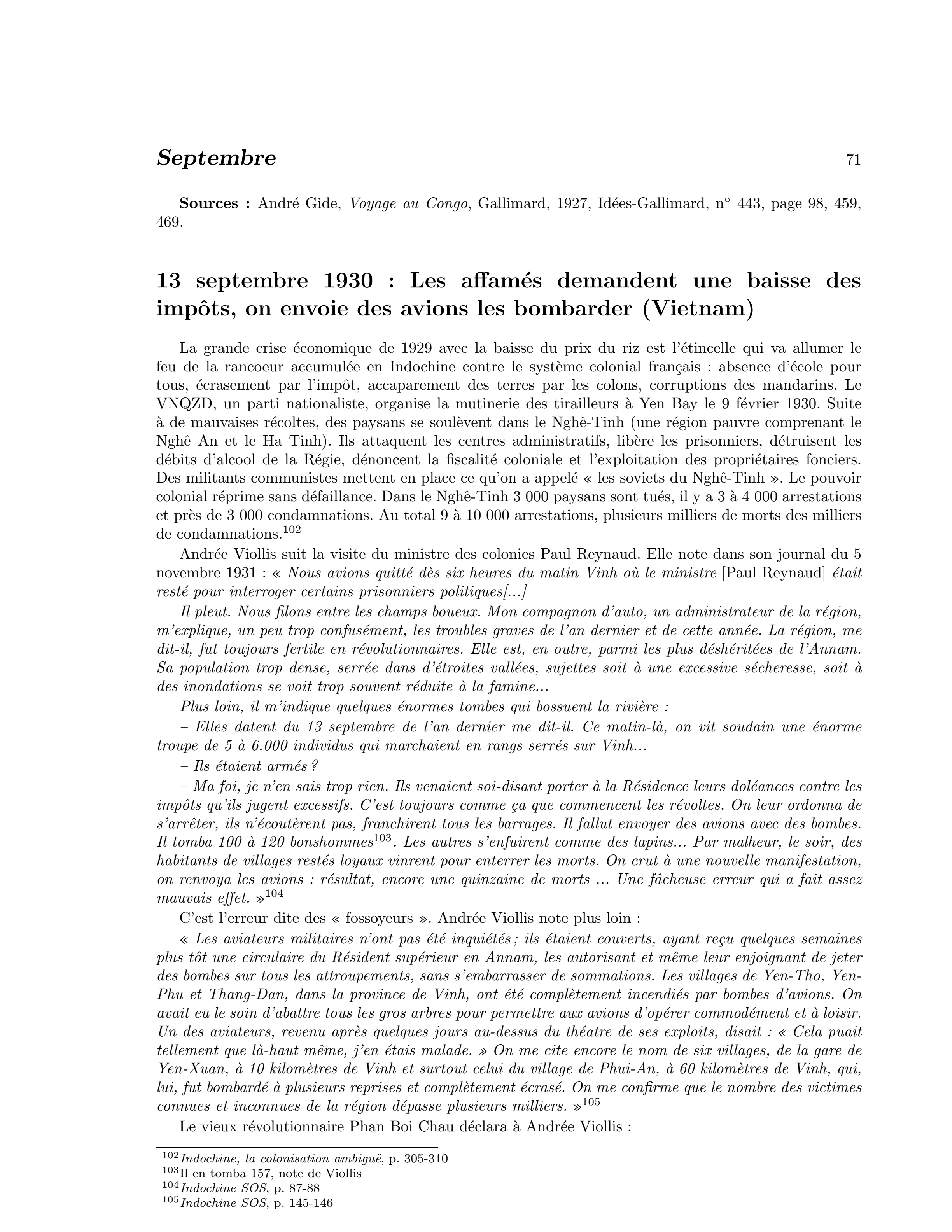 13 septembre 1930 — Des avions bombardent les affamés réclamant une baisse des impôts (Vietnam)