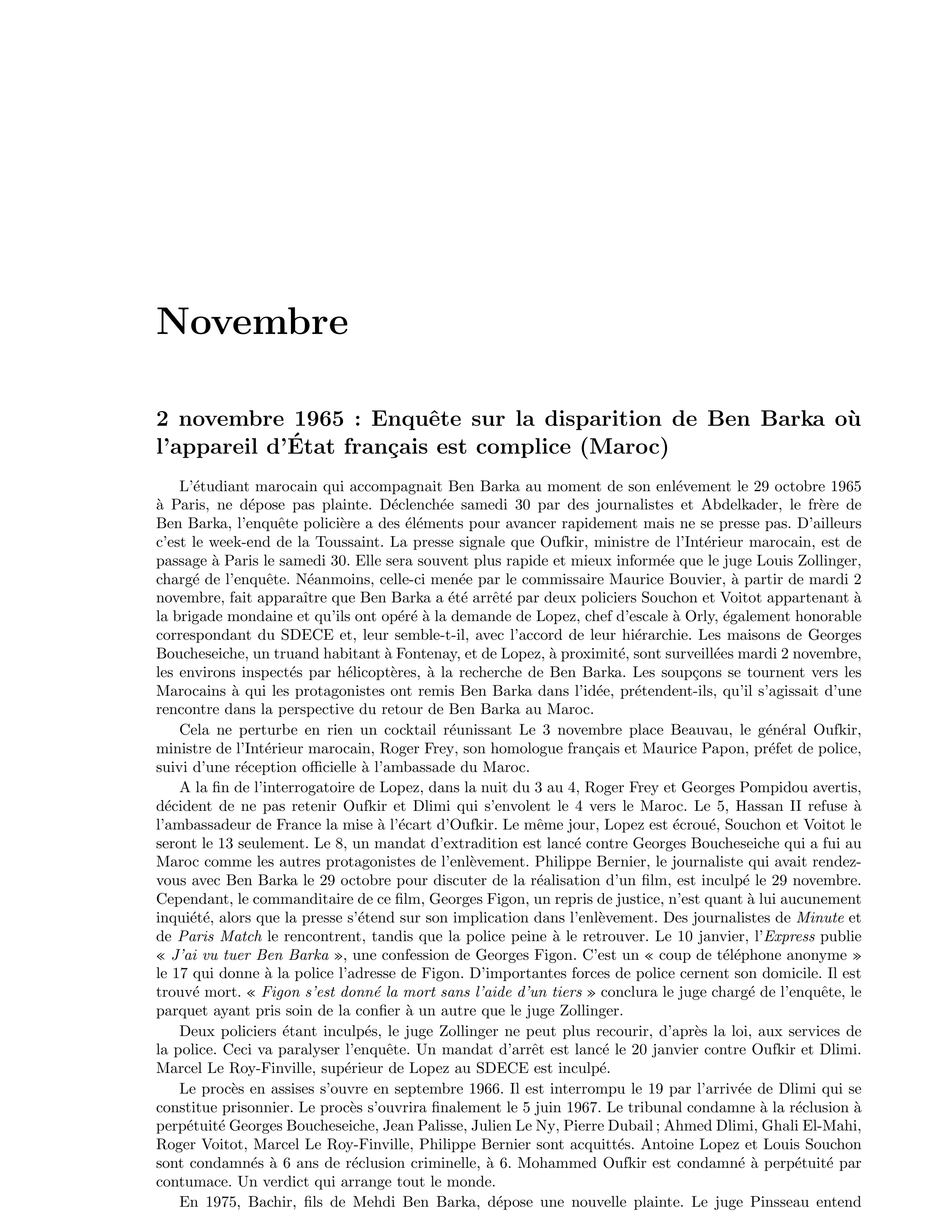 2 novembre 1965 — Enquête sur la disparition de Ben Barka et complicité de l’appareil d’État